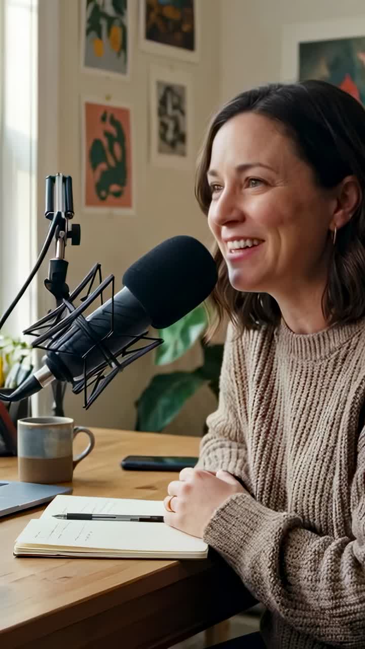 Vertikal video: Smilende vært, der taler i mikrofon ved sit skrivebord derhjemme i beige strik efter en prompt uden for billedet