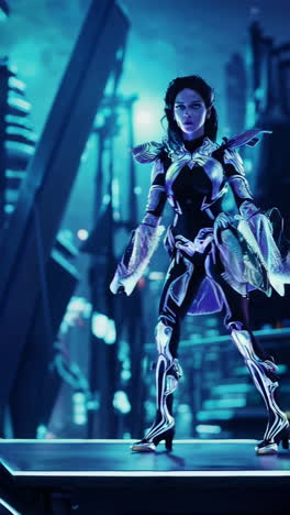futuristic female character performing in a neon cyberpunk city