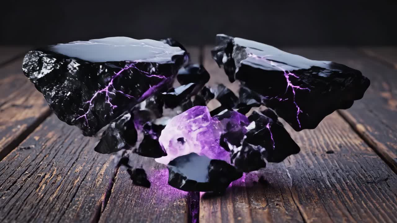 Purple crystal on wooden surface with black stones