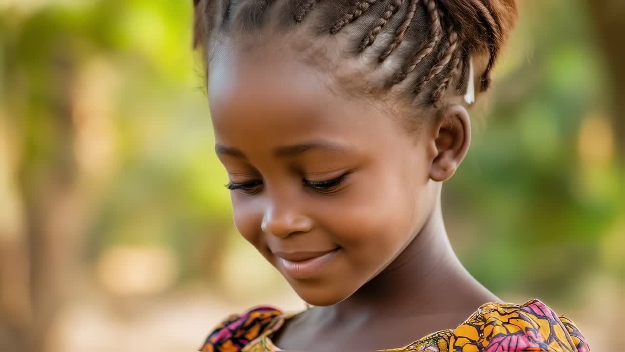 Cheerful african girl displaying engaging expressions and traditional attire through multiple views in sunlit natural outdoor environment