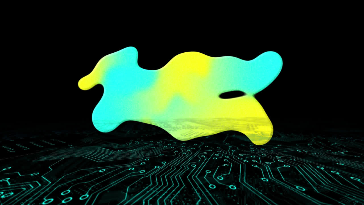 Animation of blue and yellow blob over computer circuitboard on black background
