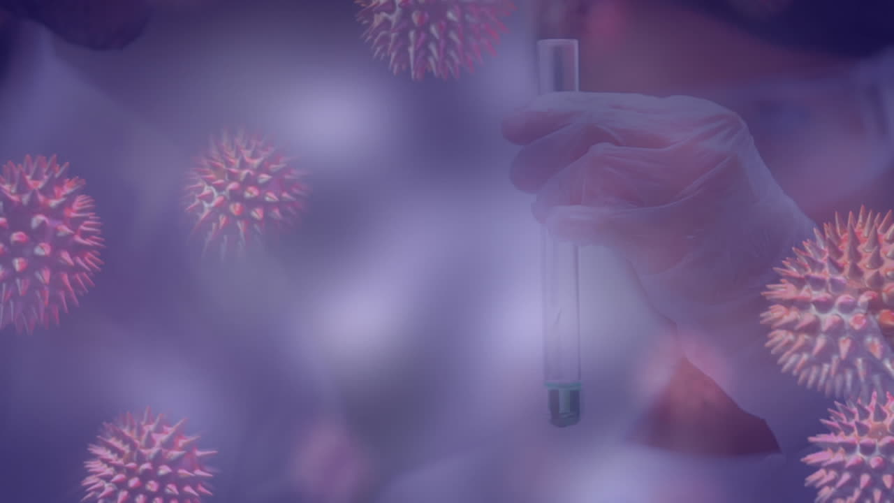 Animation of 3d covid 19 cells floating over scientist holding test tube with liquid