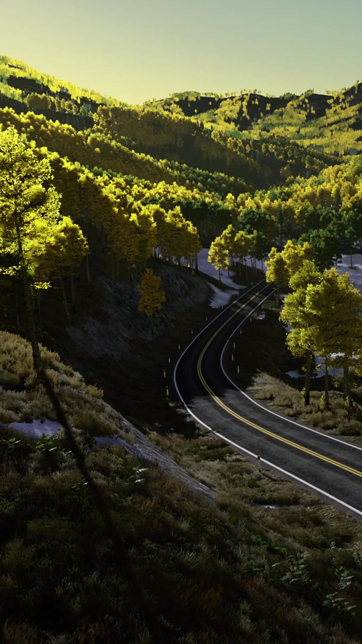 Strada tortuosa tra alberi e colline al tramonto in un paesaggio naturale.