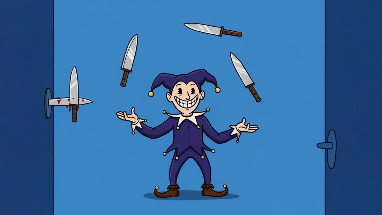 A skilled jester expertly juggles a variety of sharp knives, showcasing his unique talent for balancing danger and entertainment with a mischievous grin in a vibrant blue backdrop
