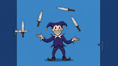 a skilled jester expertly juggles a variety of sharp knives, showcasing his unique talent for balancing danger and entertainment with a mischievous grin in a vibrant blue backdrop