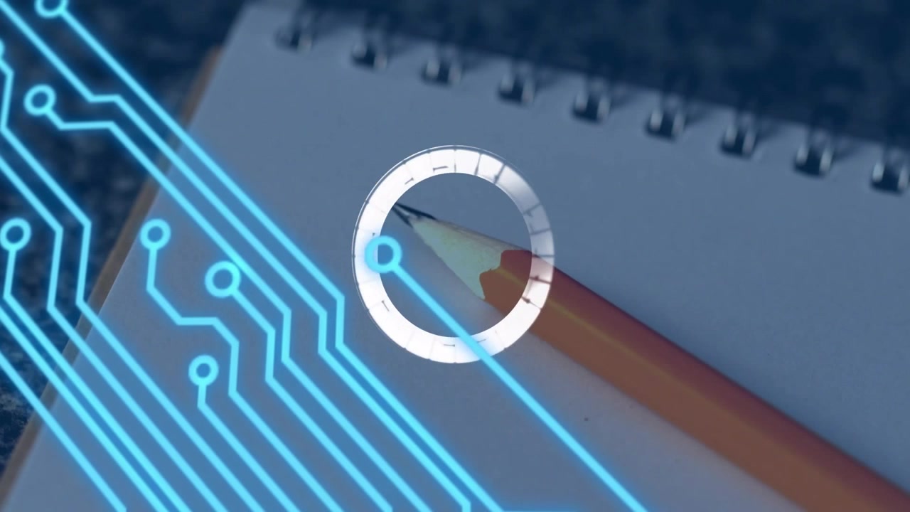 Neon circuit expanding, scanning pencil tip with rotating ring, then retracting into glyph for tech