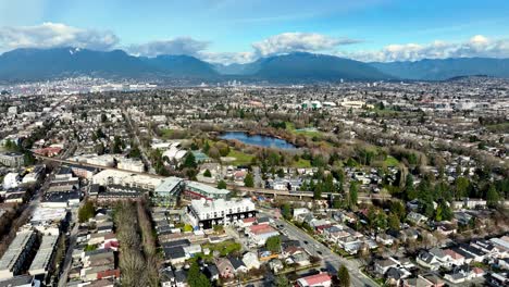 Panoramic-View-Over-Kingsway-Area-In-Vancouver,-Canada---Drone-Shot