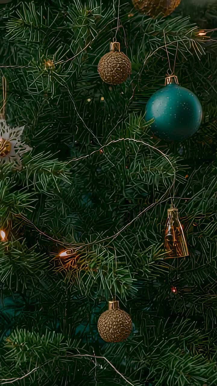 Vertical video: Rising smoke drifting across Christmas tree at home, revealing teal bauble