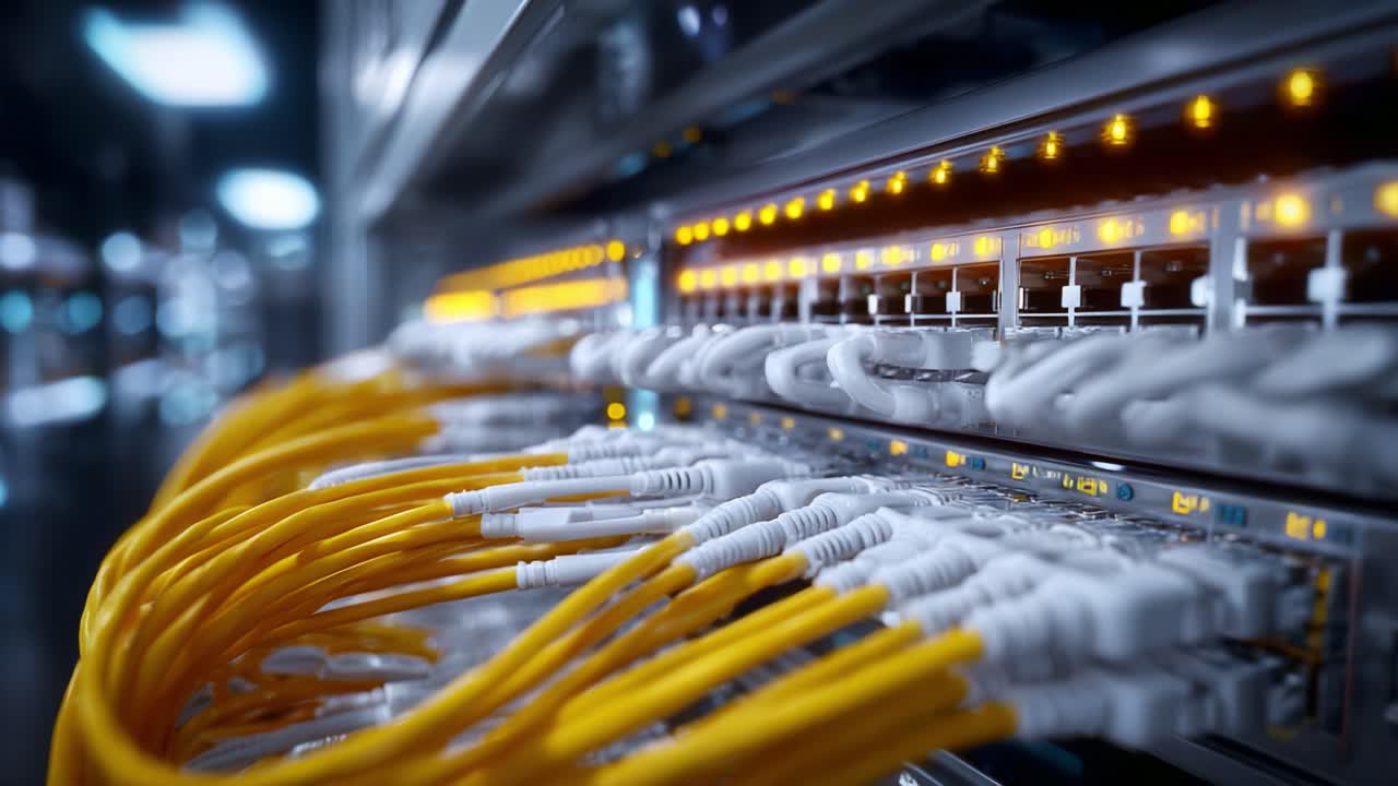 Intricate View of Network Server Equipment Highlighting High-Speed Cables, Connections, and Data Transmission, Showcasing Modern Technological Advancements in Networking
