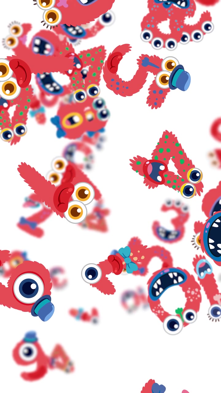 Colorful cartoon monsters move playfully across a white background, creating a lively and energetic visual experience