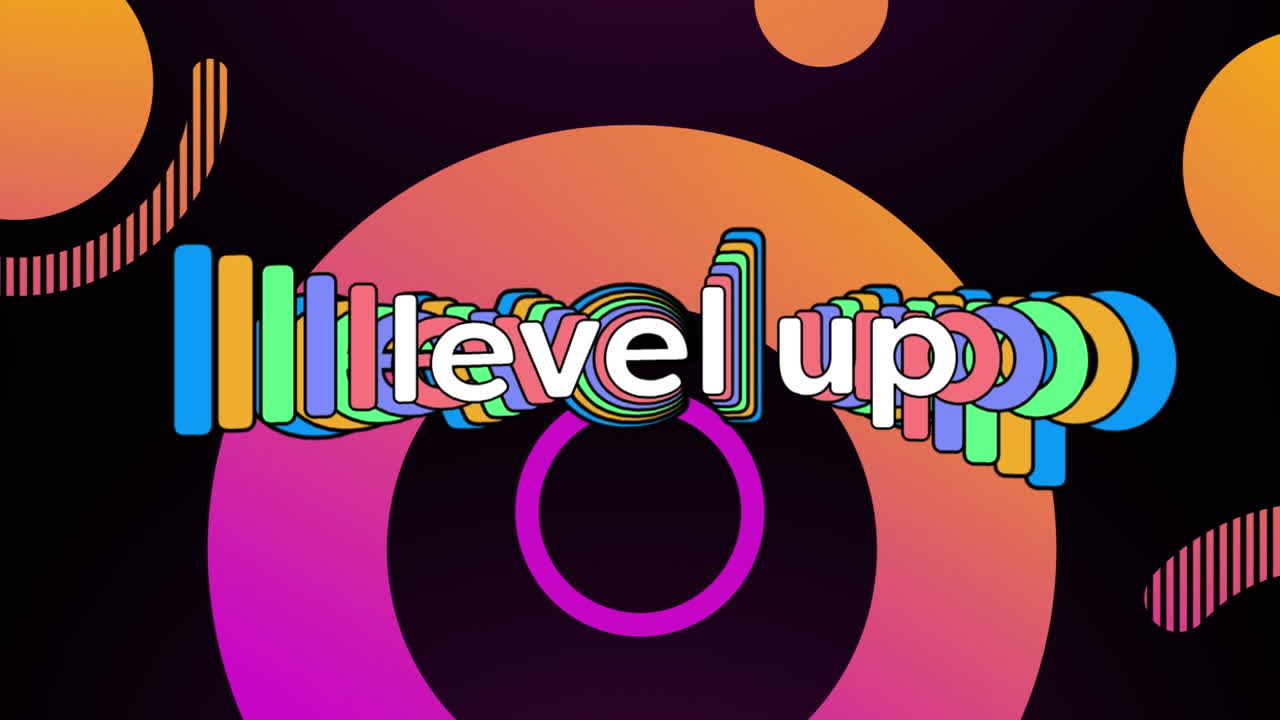 Animation of colourful level up text with circles on abstract background