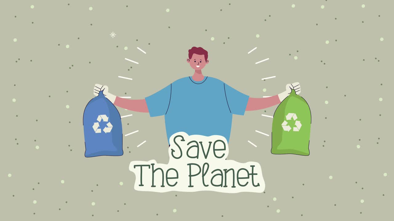 salvar el planeta letras con el hombre levantando bolsas de reciclaje