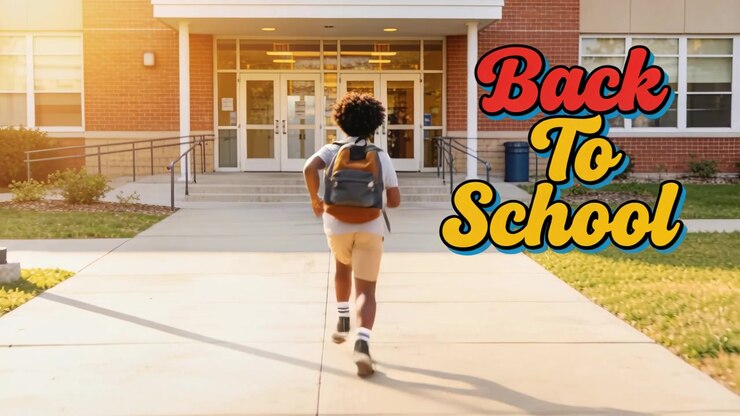 Walking boy in gray tee tan shorts seeing Back-to-School art running to school doors with backpack