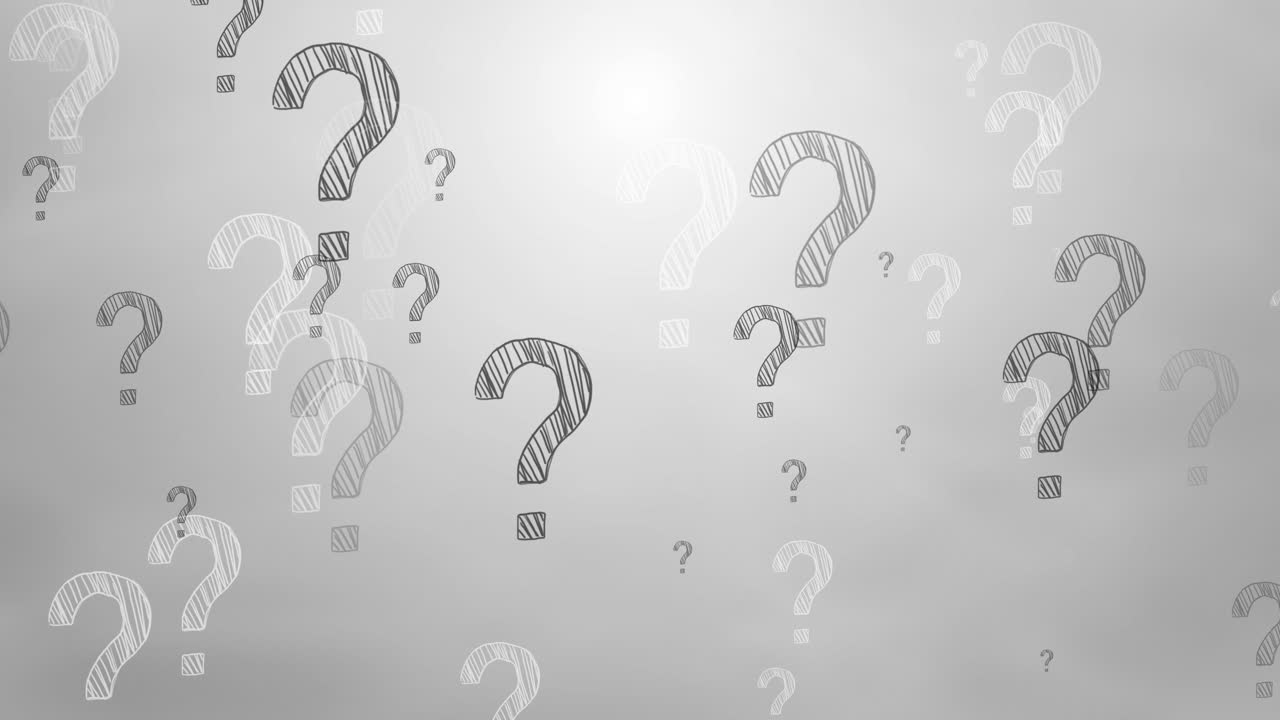 Chaotic falling icons of question marks on a gray background. Hand drawn symbols. Looped animation.