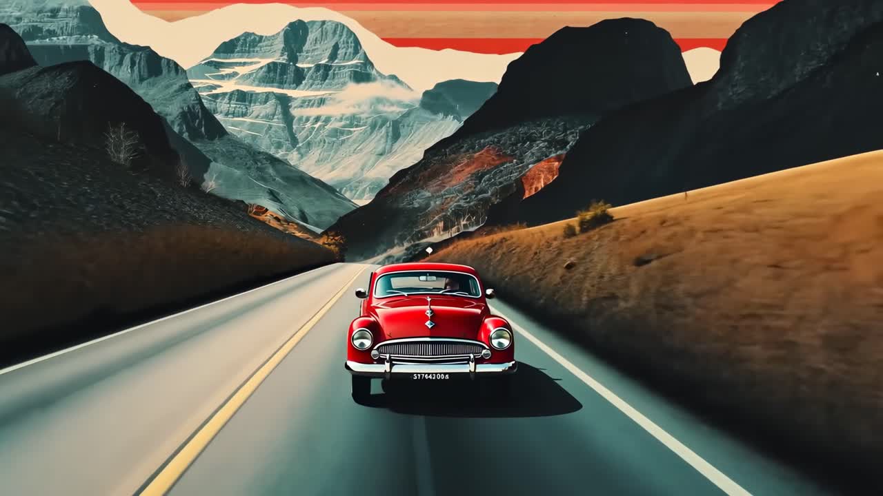 A vintage red car drives through a mountainous landscape at sunset
