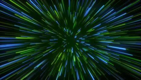 bucle sin costuras de partículas de luz líneas de zoom túnel en el espacio aire sobre fondo negro haz de brillo de neón láser abstracto animación 3d gráficos de movimiento efecto visual colorido 4k azul verde