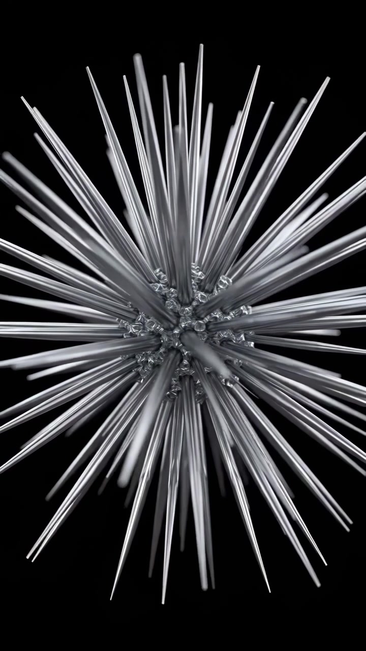 Time-lapse-lignende sekvens, der viser en pigget metalsfære, som afsløres fra en indgang i midten forneden til næsten fuldstændig radial udvidelse og subtil rotation.