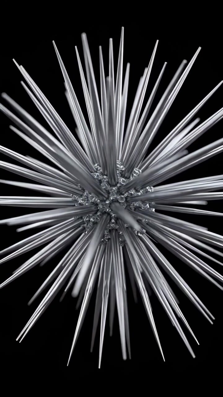 Time-lapse-lignende sekvens, der viser en pigget metalsfære, som afsløres fra en indgang i midten forneden til næsten fuldstændig radial udvidelse og subtil rotation.