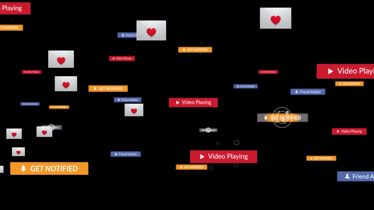 Animation of falling social media icons over black background