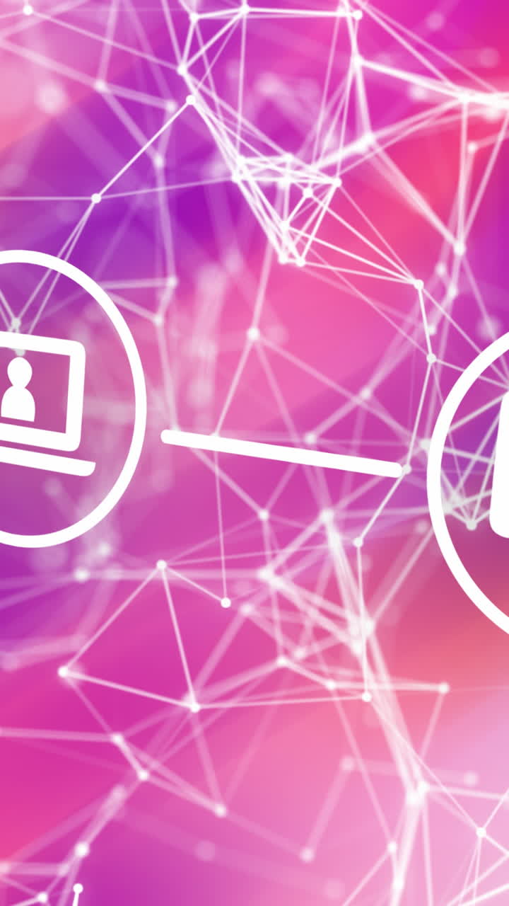 animación de iconos y conexiones sobre el fondo con ondas coloridas cambiantes