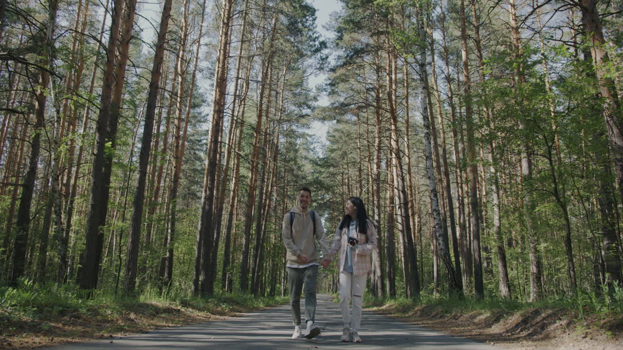Couple Walking Hand-in-Hand Through a Pine Forest