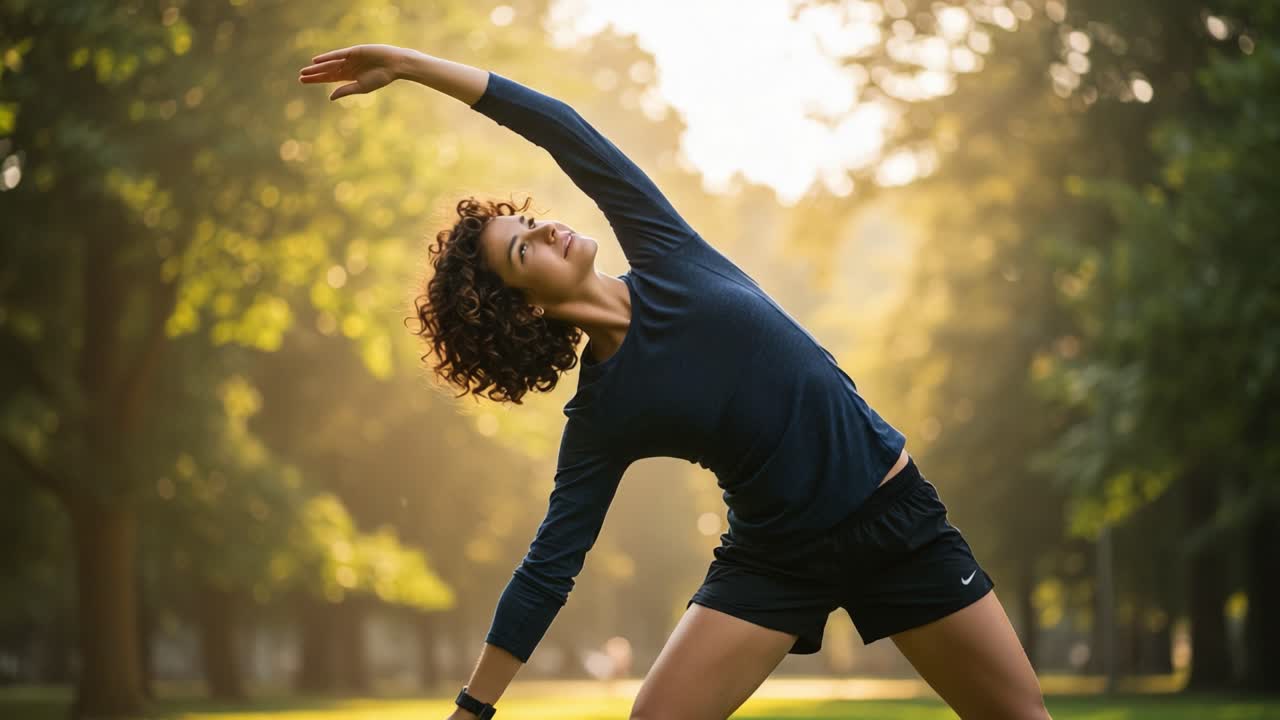 A Woman Practicing Yoga Gracefully in a Sunlit Park, Embracing Nature's Serenity with a Peaceful Mind and Flexible Body in a Beautiful Outdoor Setting