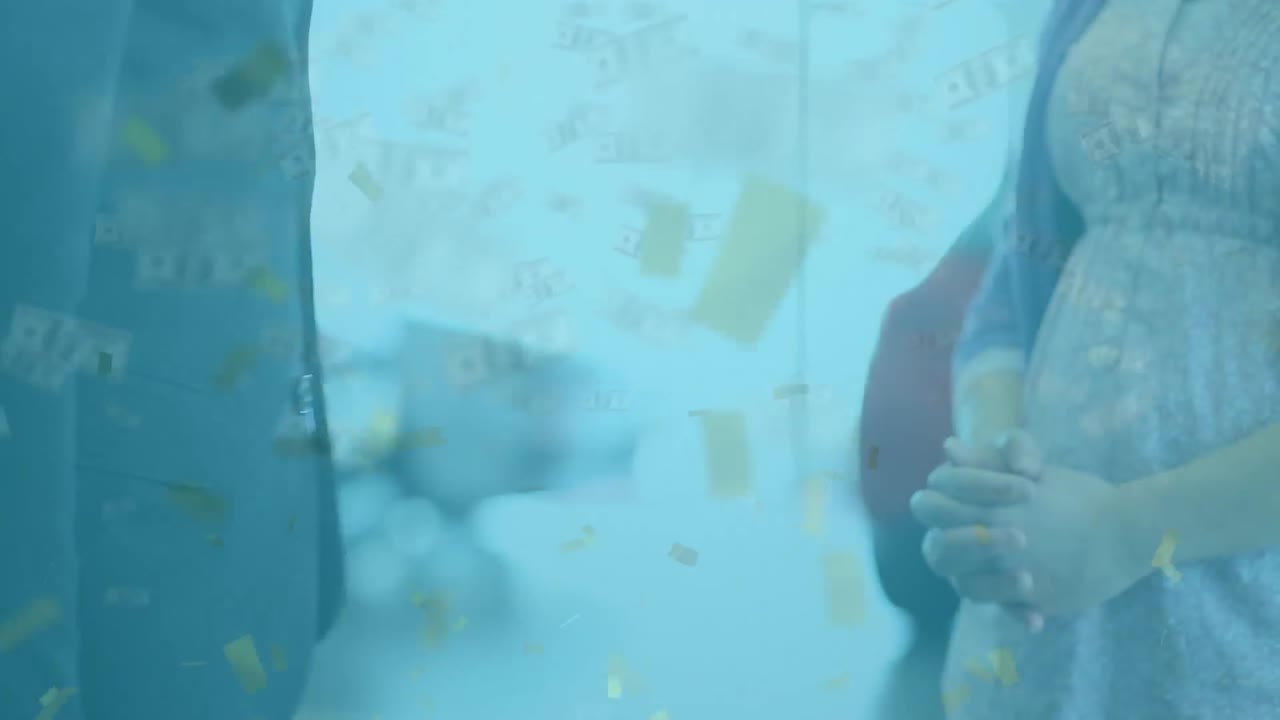 다양한 사업가들에 대한 달러 지폐와 콘페티의 애니메이션