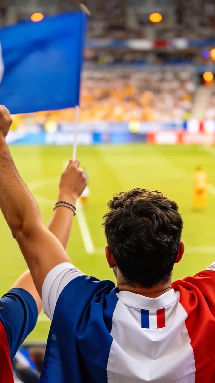 Video verticale: Due tifosi con divise tricolori che esultano sventolando bandiere sul campo mentre un giocatore si avvicina all'area di rigore.
