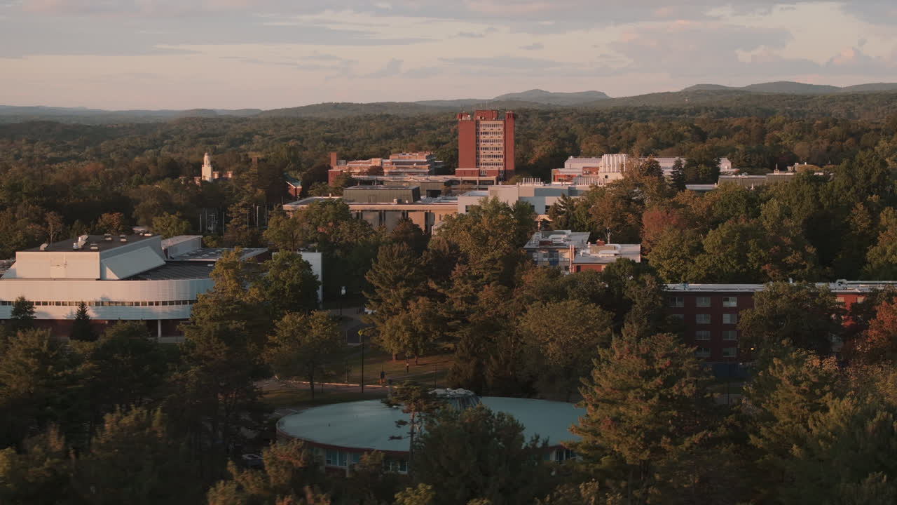 Aerial view of SUNY New Paltz on an autumn afternoon. Shot in the Catskill Mountains