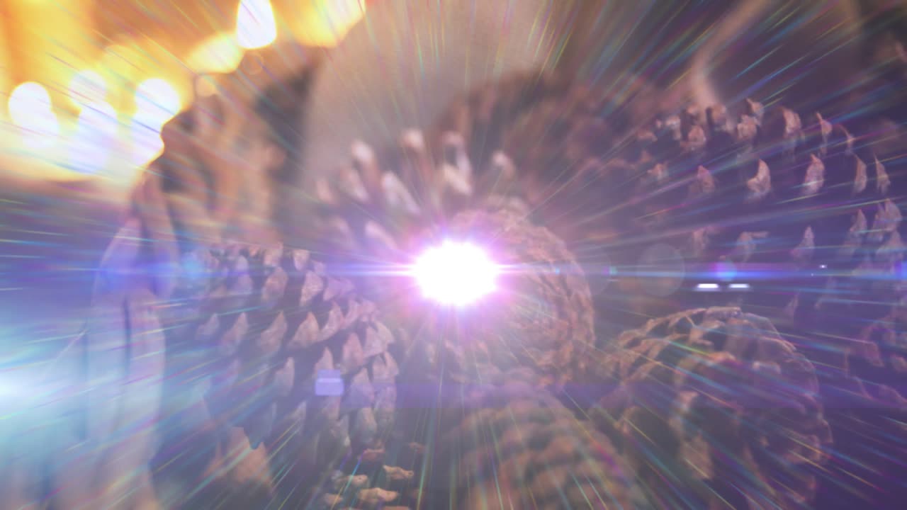 animación de luces brillantes que se mueven sobre conos de abeto decoraciones de navidad