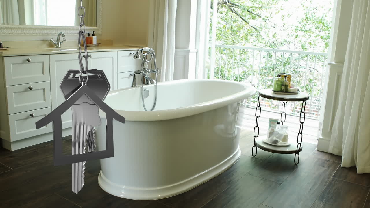 고급스러운 욕실 위에 집 열 ⁇ 와 열 ⁇ 를 흔들고 있는 애니메이션