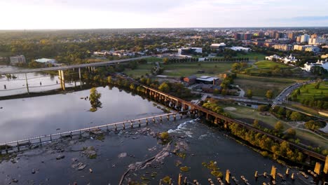 Scenic-Riverfront-in-Richmond,-Virginia-|-Aerial-View-over-James-River-and-Brown's-Island-|-Summer-2021