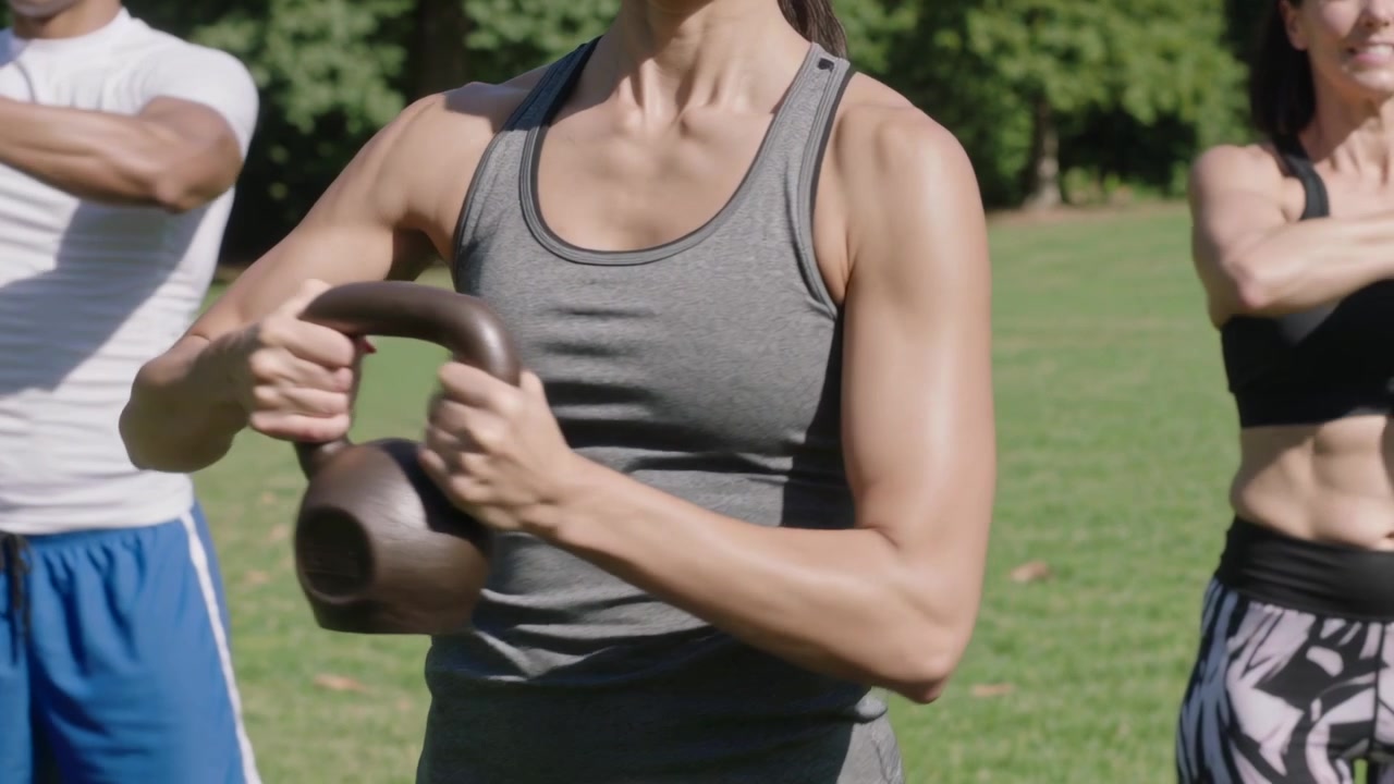 En kvinde i midten, iført grå tanktop, starter med jævnaldrende, der udfører kettlebell-rotationer i en park, hvilket aktiverer skuldrene.