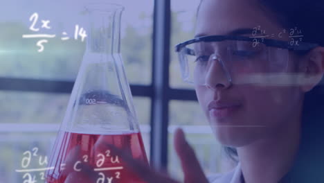 animation of mathematical equations over biracial female student during chemistry lesson