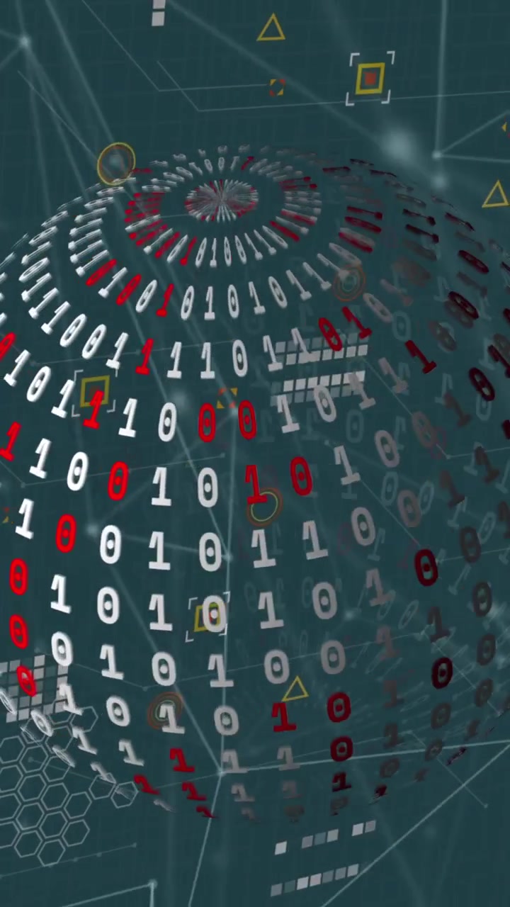 Animation of network of connections and binary coding over spinning globe against blue background