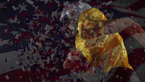 animation of waving usa flag and falling confetti over american football player