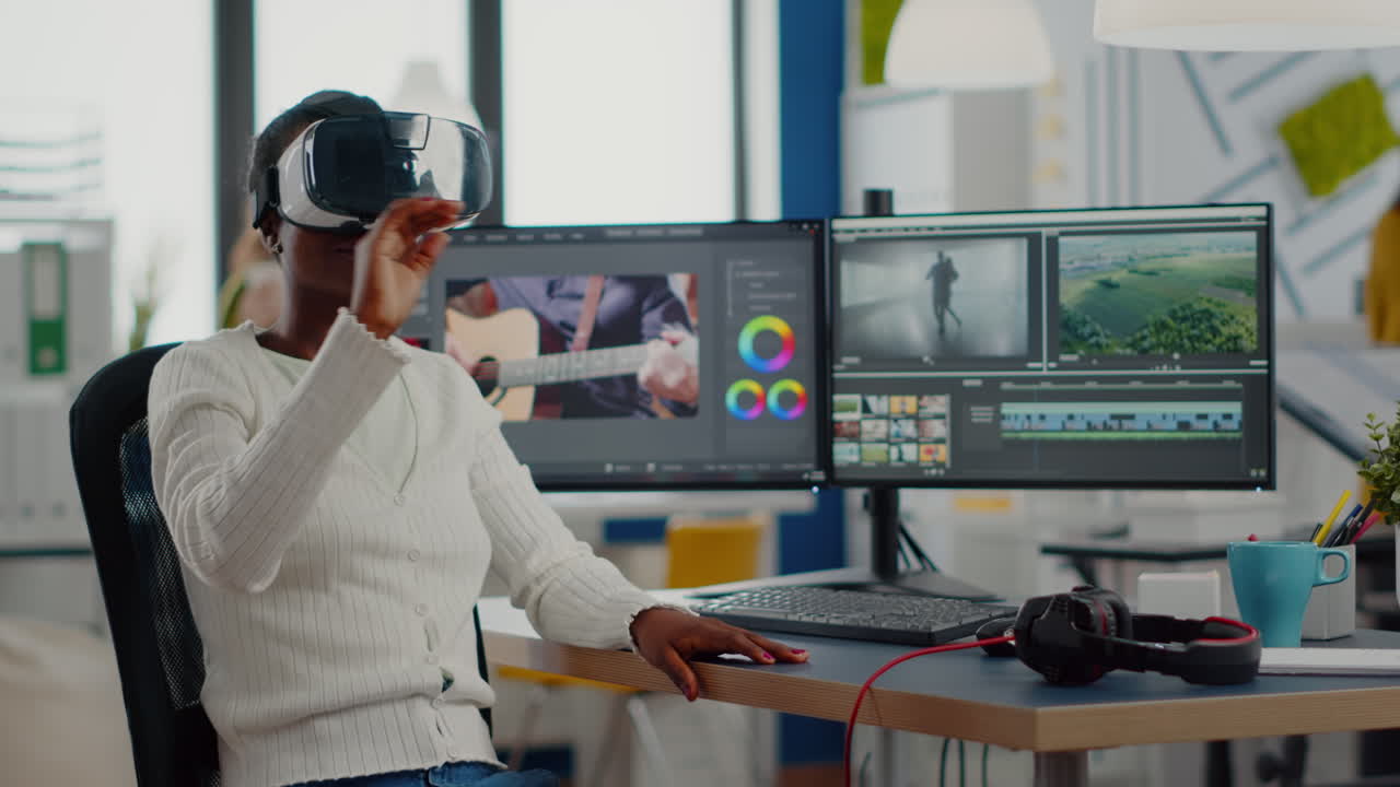 African video editor experiencing VR goggles