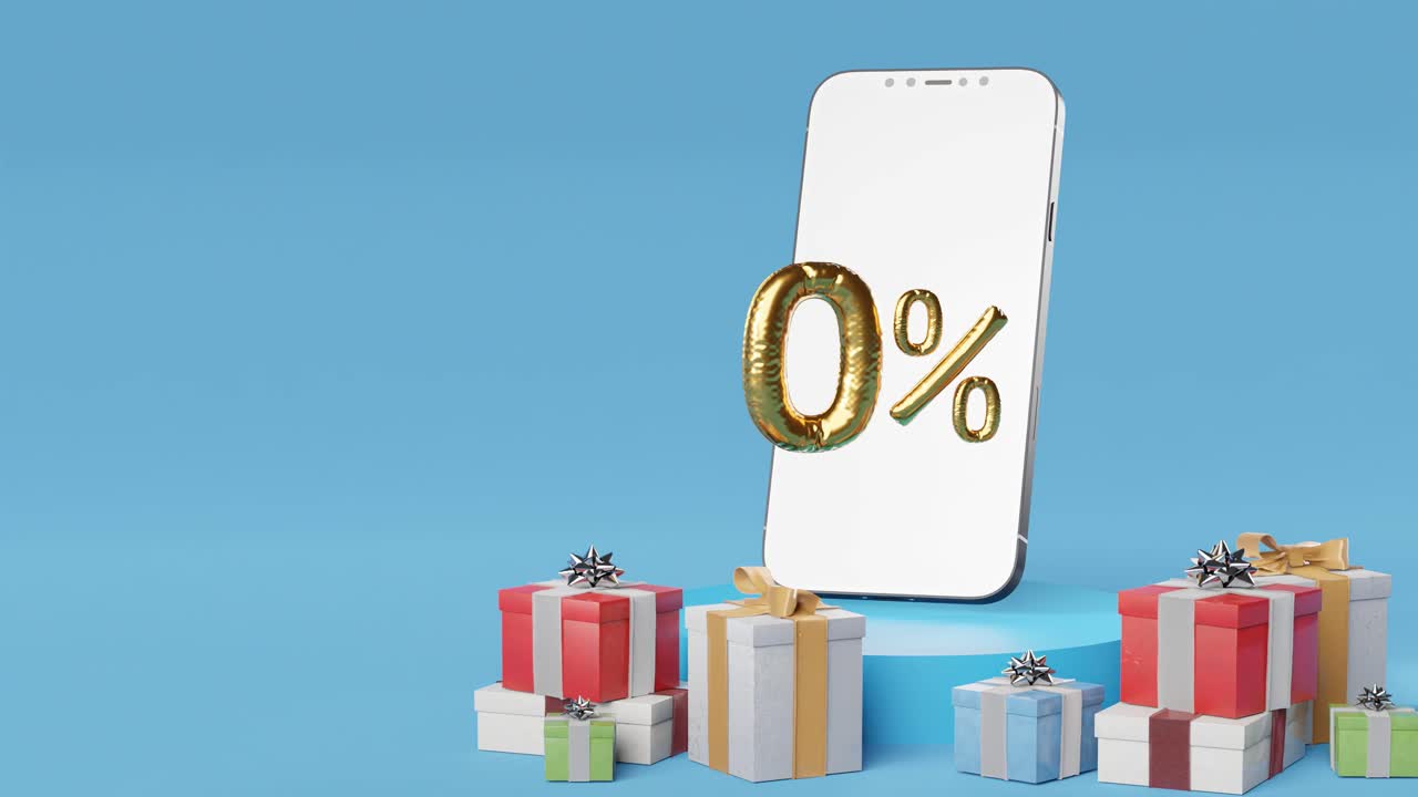 teléfono inteligente que muestra el 0% dorado al lado de cajas de regalos variadas sobre fondo azul