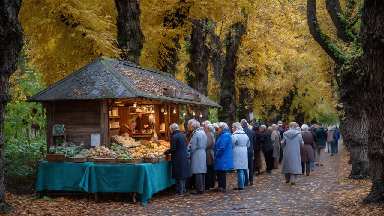 A Serene Autumn Market Scene Featuring a Group of People Shopping for Fresh Produce Among Vibrant Fall Foliage in a Cozy Outdoor Setting