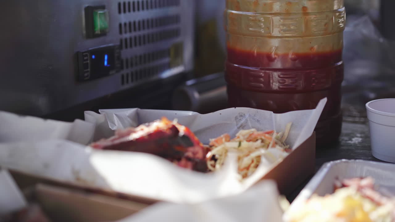 Dishes with meal. Meat and toppings. BBQ