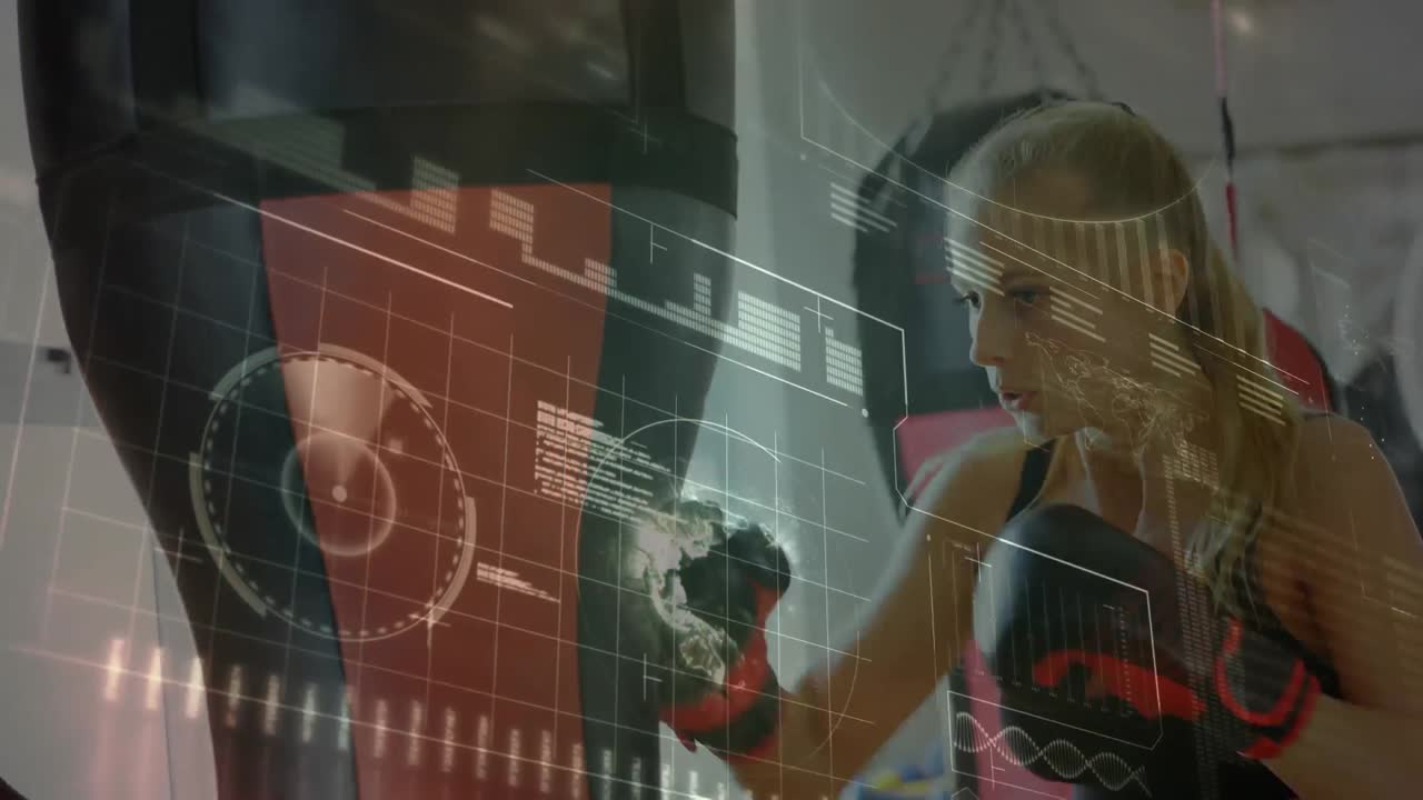 procesamiento de datos contra una boxeadora caucásica practicando sus golpes en el saco de boxeo