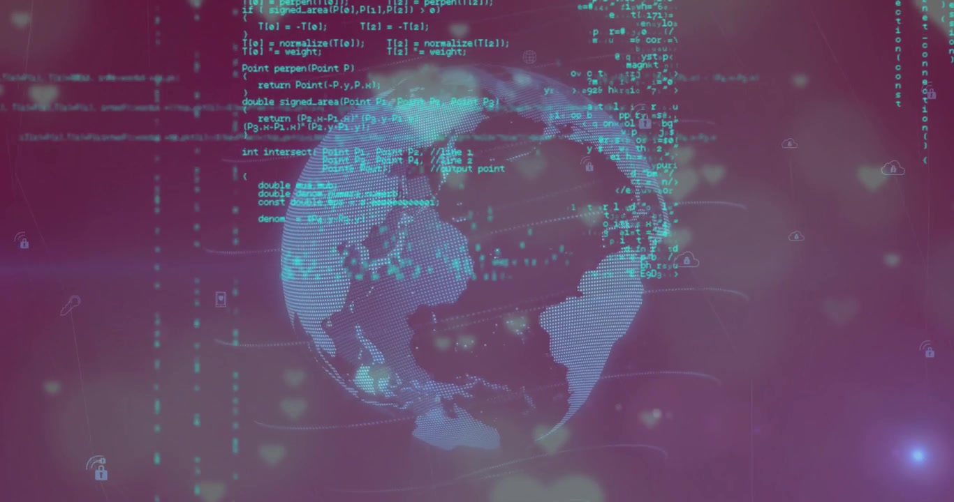 Animation of digital globe with data streams and coding text in background
