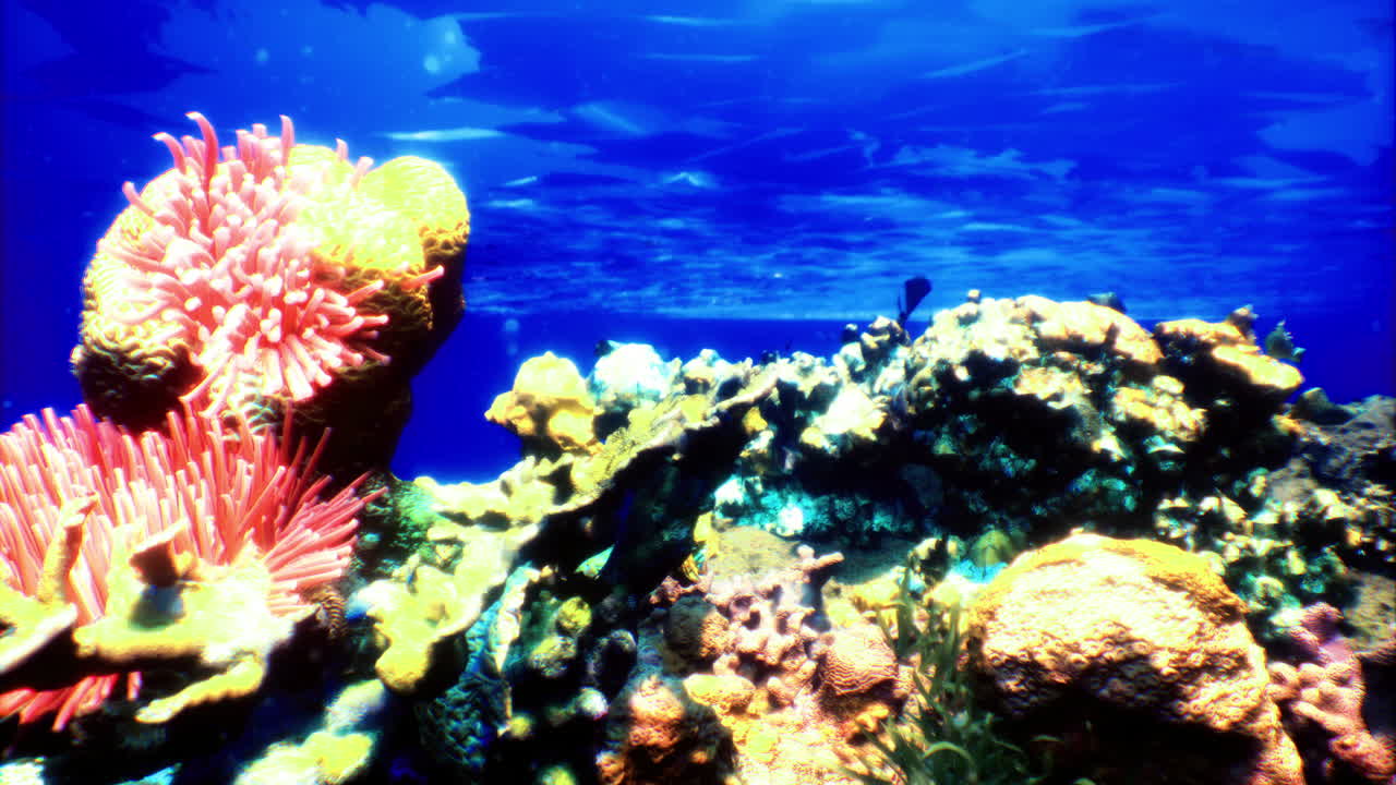 Vibrant coral reef teeming with marine life in clear blue waters