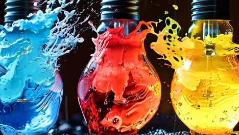 three colorful light bulbs with water splashing out of them