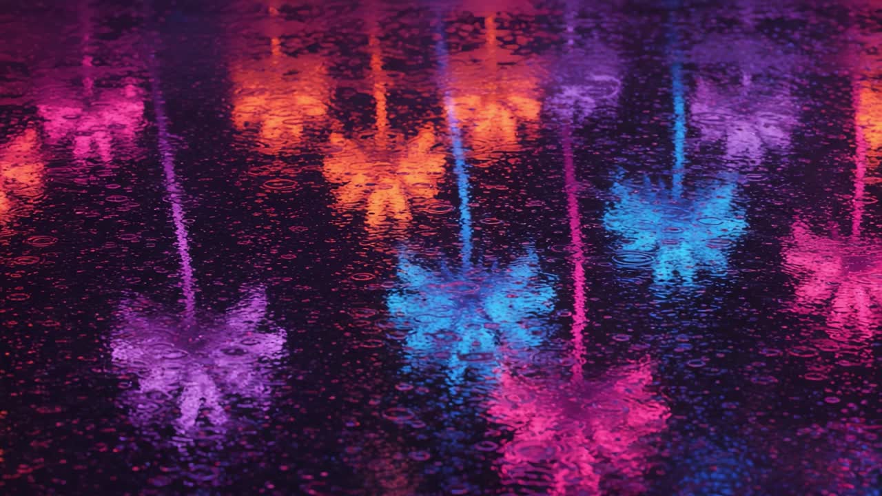 Illuminated Reflections in Rain: A Captivating Scene of Colorful Snowflake Lights Shimmering on a Wet Surface During a Rainy Night Displaying Nature's Beauty