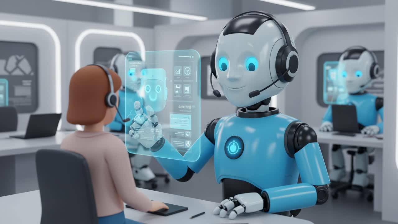 A Futuristic Interaction Between a Human and a Friendly Robot in a High-Tech Office Setting, Showcasing Advanced Technology and Engaging Communication