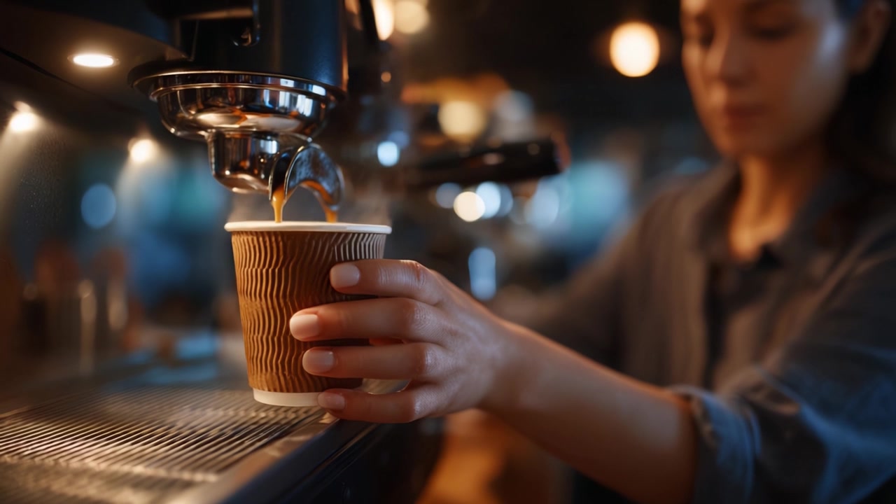 Un barista concentrato prepara con maestria una tazza di caffè fresco, catturando l'essenza dell'artigianalità e l'atmosfera accogliente di una caffetteria moderna.