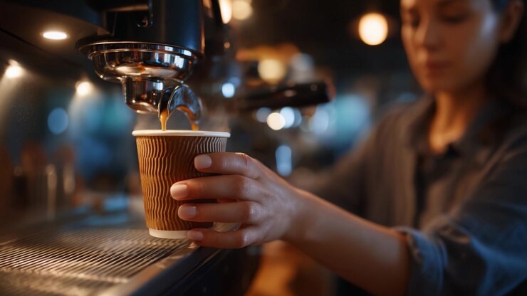 Un barista concentrato prepara con maestria una tazza di caffè fresco, catturando l'essenza dell'artigianalità e l'atmosfera accogliente di una caffetteria moderna.