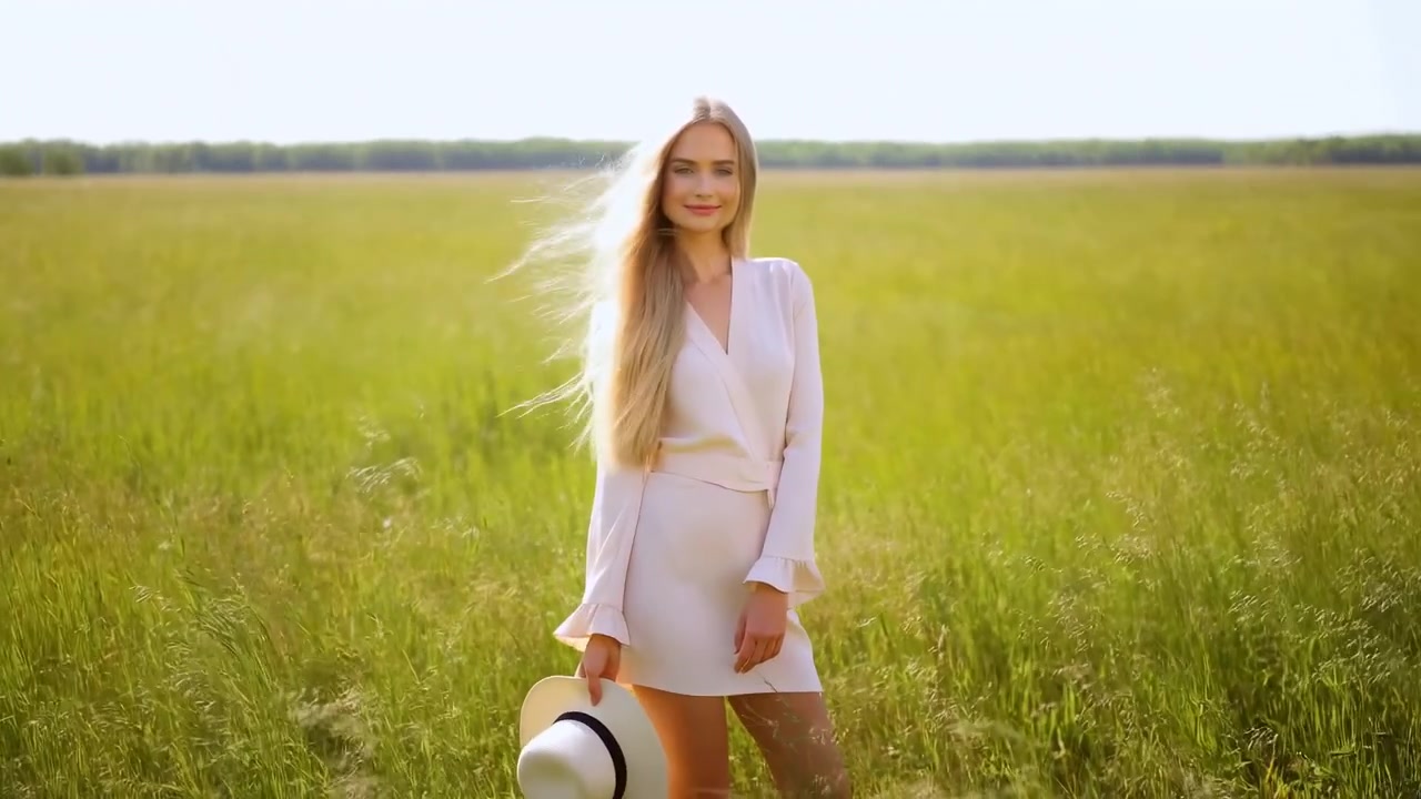 Joven mujer caucásica en un prado soleado, largo cabello rubio cayendo sobre el hombro, vestido blanco claro, sosteniendo