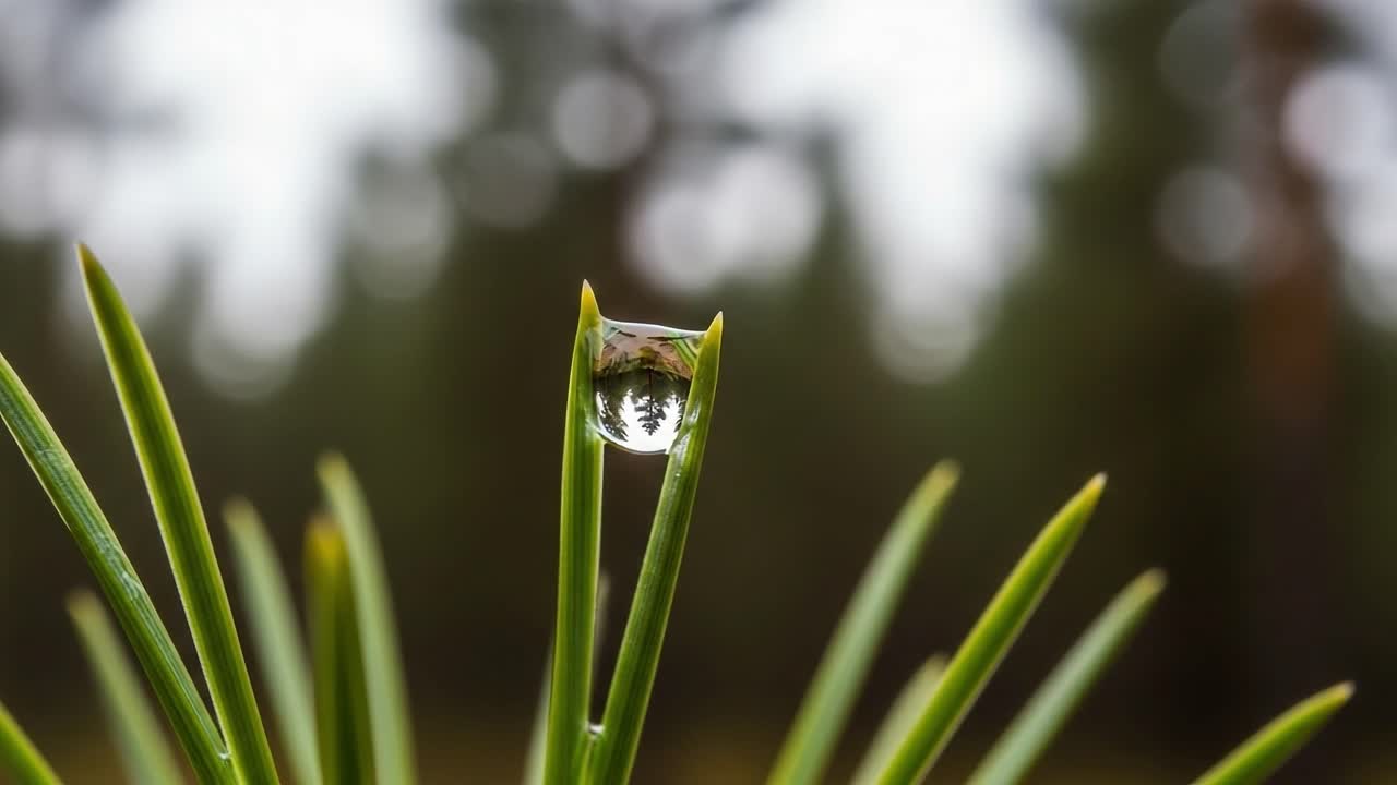 A Captivating Close-Up of a Water Droplet Reflecting Lush Greenery on a Pine Needle, Showcasing Nature's Stunning Beauty and Intricate Details in a Soft Blur Background